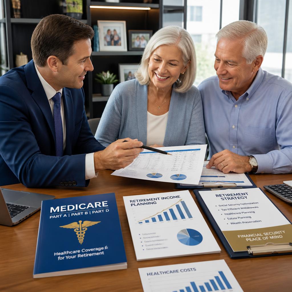 Financial advisor discussing Medicare enrollment, retirement income planning, and healthcare costs with a retired couple during a retirement planning consultation.