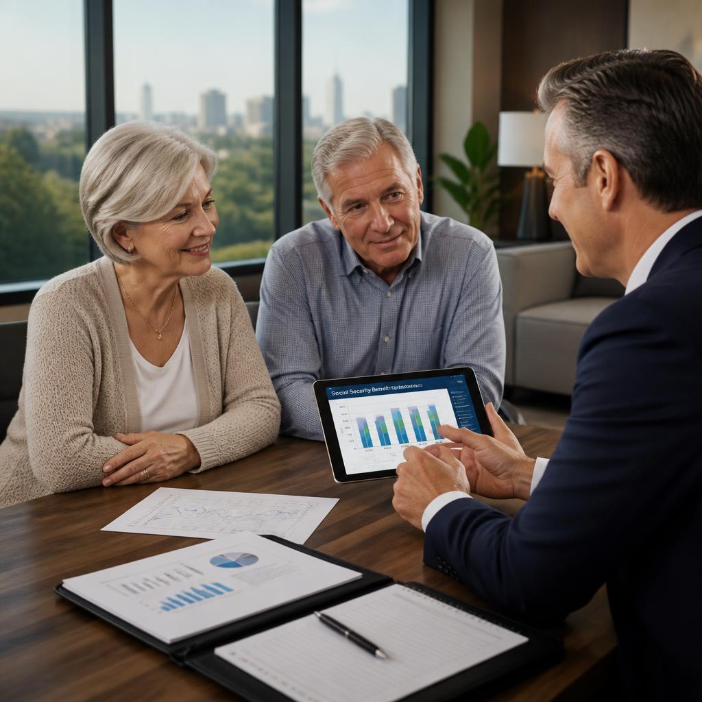 Financial advisor discussing Social Security benefits optimization and retirement income planning with a retired couple