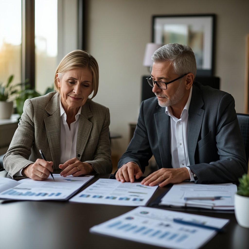 Financial advisor and client reviewing retirement planning documents, investment strategies, and long-term wealth management plans