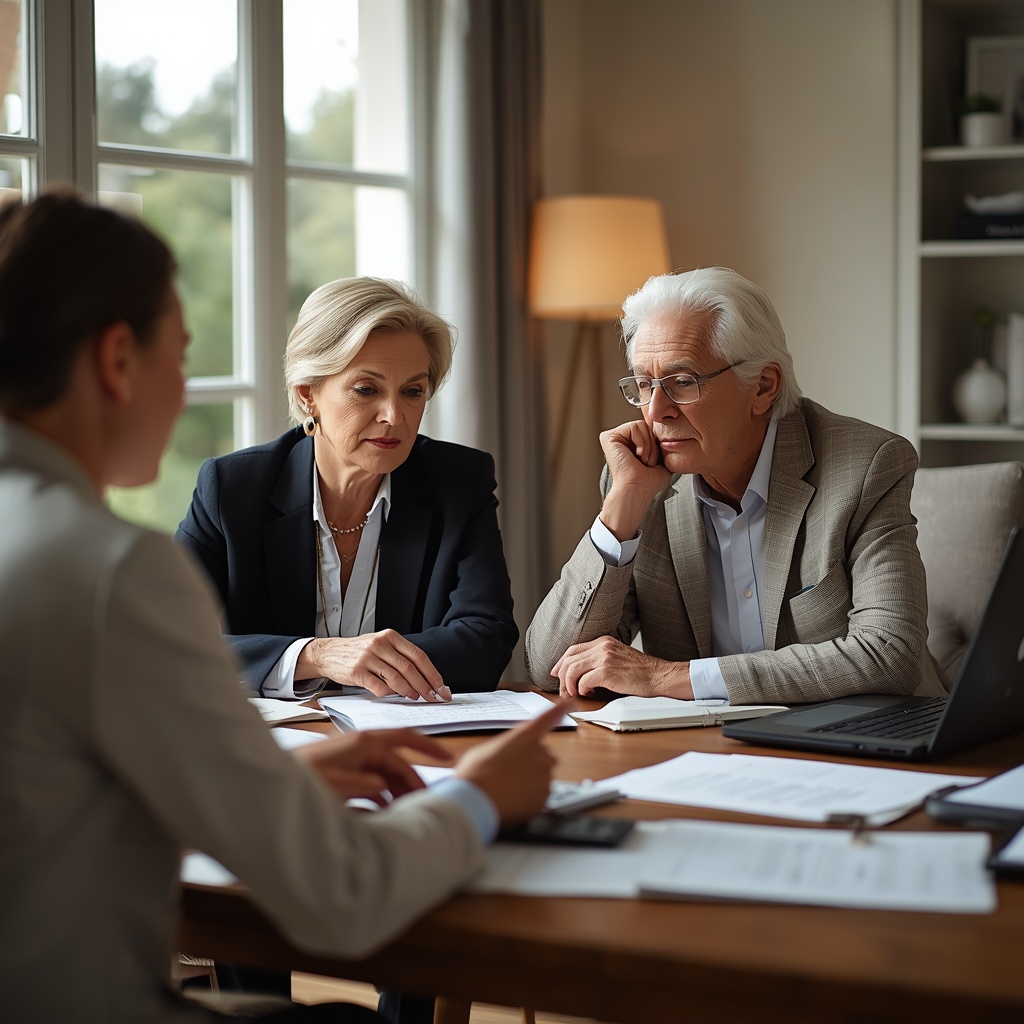 Retirement planning meeting discussing Medicare options with an older couple