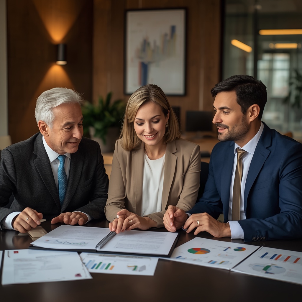 Financial advisors discussing estate planning and asset protection with clients